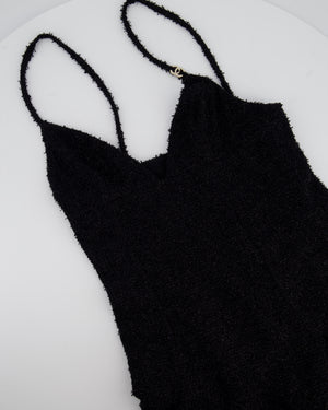 Chanel Black Metallic Tweed Straight Midi Dress with Pocket Detail and CC Crystal Clip Size FR 34 (UK 6)