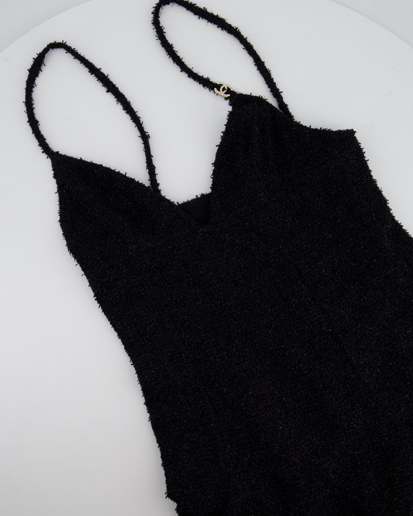 Chanel Black Metallic Tweed Straight Midi Dress with Pocket Detail and CC Crystal Clip Size FR 34 (UK 6)