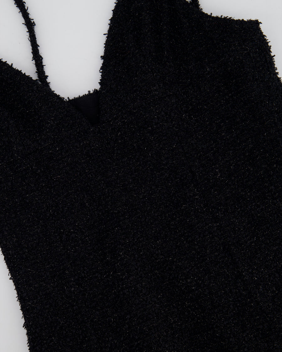 Chanel Black Metallic Tweed Straight Midi Dress with Pocket Detail and CC Crystal Clip Size FR 34 (UK 6)
