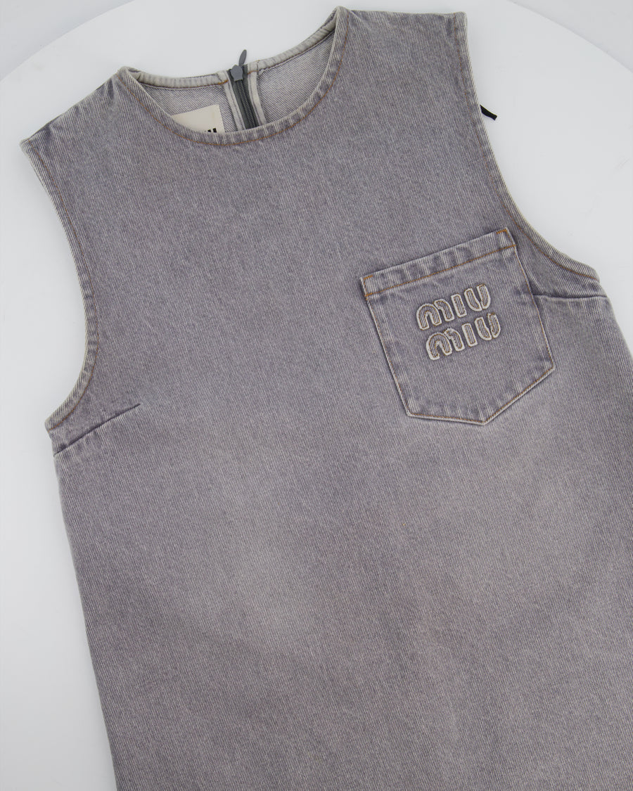 Miu Miu Grey Denim Sleeveless Shift Dress with Pocket and Logo Detail Size IT 36 (UK 4)