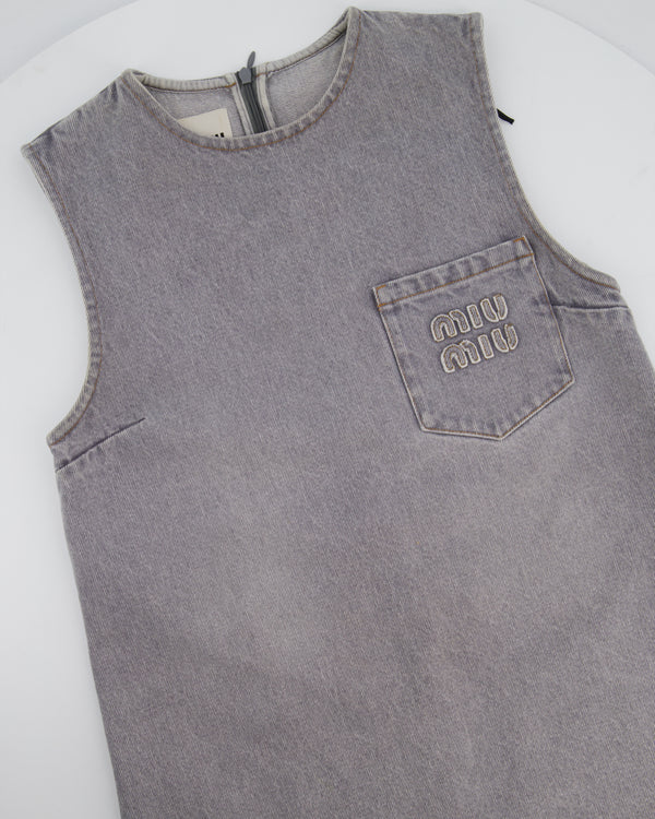 Miu Miu Grey Denim Sleeveless Shift Dress with Pocket and Logo Detail Size IT 36 (UK 4)