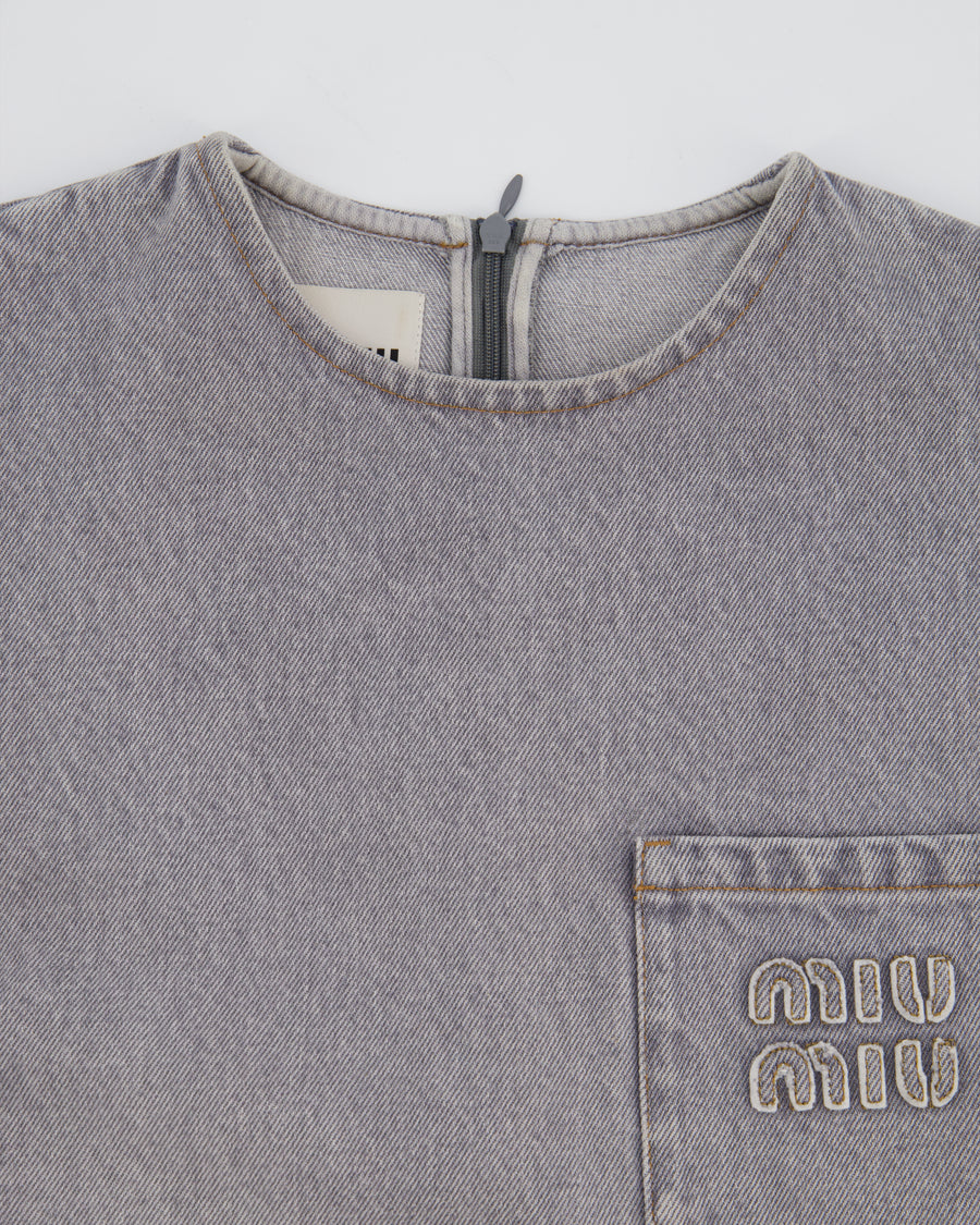 Miu Miu Grey Denim Sleeveless Shift Dress with Pocket and Logo Detail Size IT 36 (UK 4)