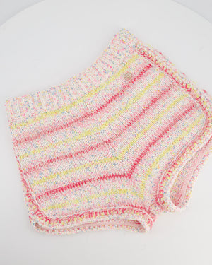 Chanel 24C Resort Pastel Pink & Yellow Sleeveless Knit Jumper and Shorts Set with Cupid Heart "Coco" Detail Top Size FR 34 (UK 6)