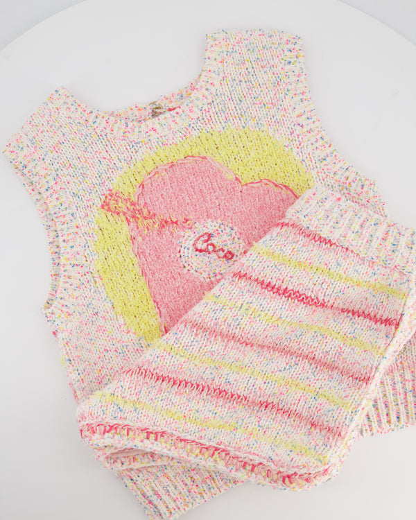 Chanel 24C Resort Pastel Pink & Yellow Sleeveless Knit Jumper and Shorts Set with Cupid Heart "Coco" Detail Top Size FR 34 (UK 6)