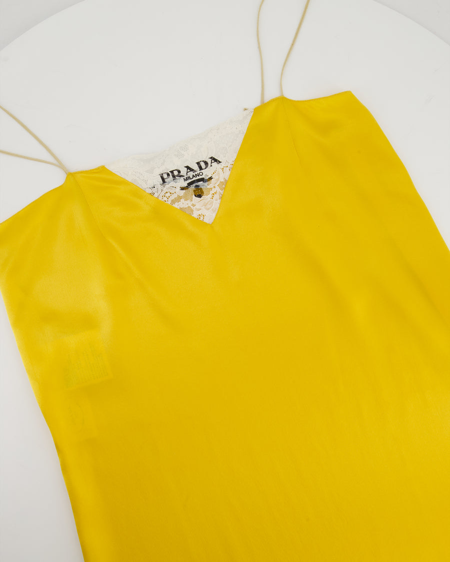 Prada Yellow Satin Mini Slip Dress with White Lace Insert and Black Prada Logo Size IT 38 (UK 6)