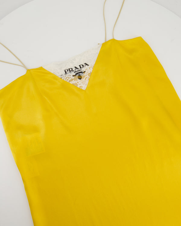 Prada Yellow Satin Mini Slip Dress with White Lace Insert and Black Prada Logo Size IT 38 (UK 6)