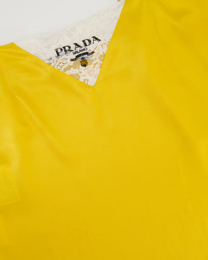 Prada Yellow Satin Mini Slip Dress with White Lace Insert and Black Prada Logo Size IT 38 (UK 6)