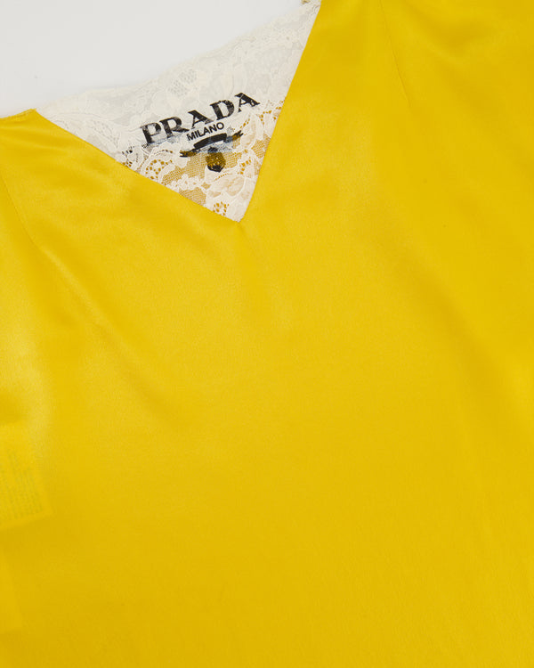 Prada Yellow Satin Mini Slip Dress with White Lace Insert and Black Prada Logo Size IT 38 (UK 6)