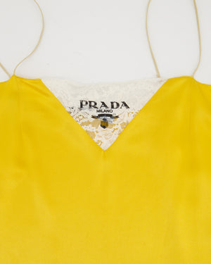 Prada Yellow Satin Mini Slip Dress with White Lace Insert and Black Prada Logo Size IT 38 (UK 6)