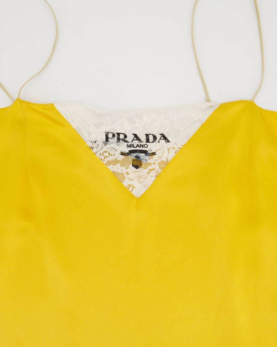 Prada Yellow Satin Mini Slip Dress with White Lace Insert and Black Prada Logo Size IT 38 (UK 6)