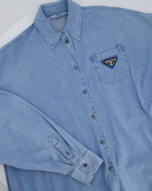 Prada Blue Washed Long-Sleeve Denim Shirt with Logo Detail Size IT 46 (UK 14)