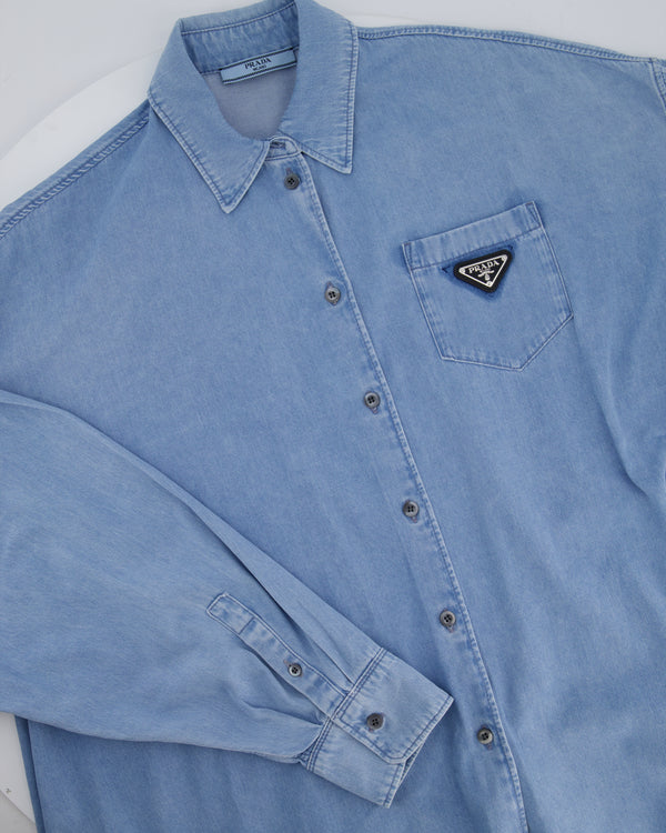 Prada Blue Washed Long-Sleeve Denim Shirt with Logo Detail Size IT 46 (UK 14)