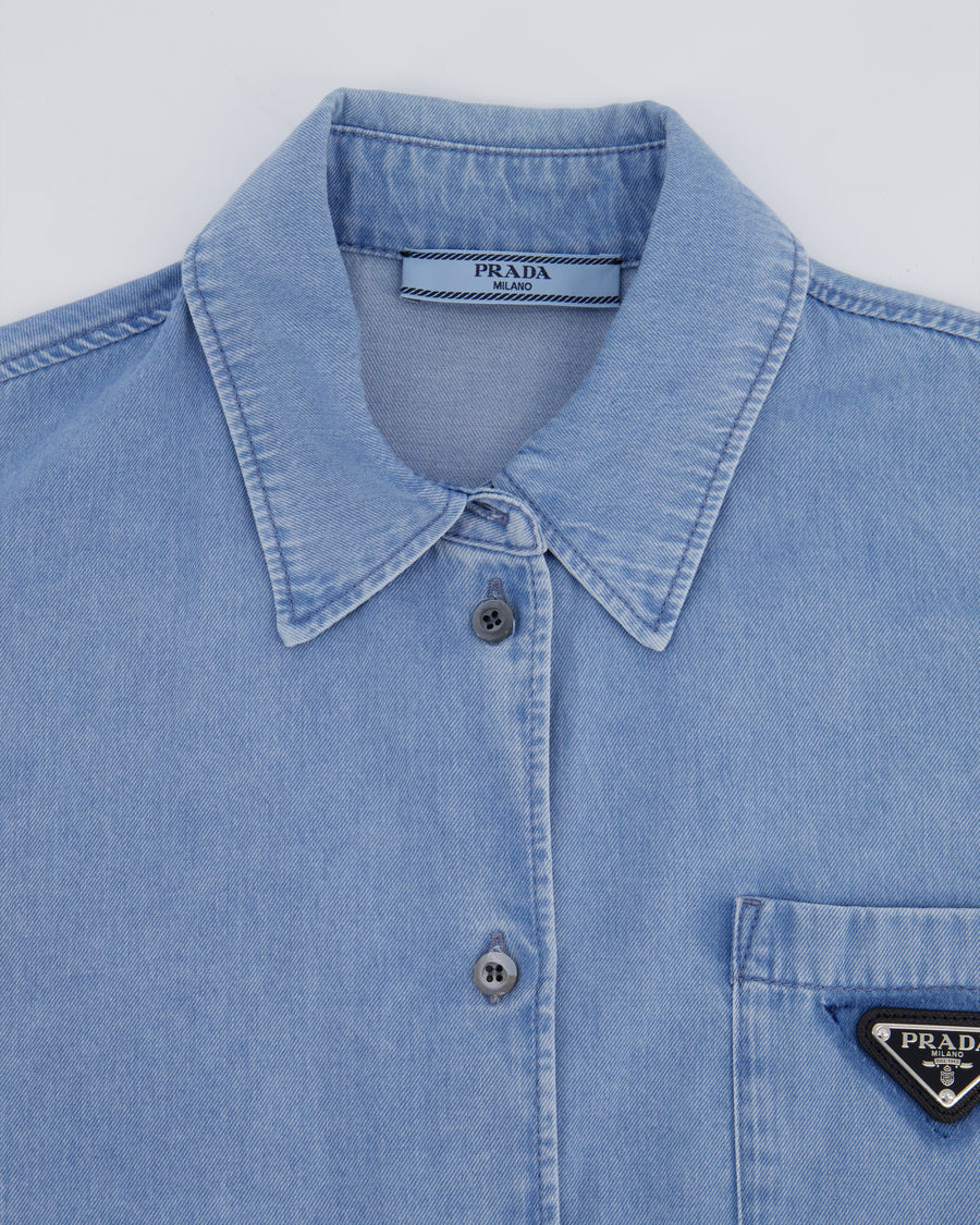 Prada Blue Washed Long-Sleeve Denim Shirt with Logo Detail Size IT 46 (UK 14)