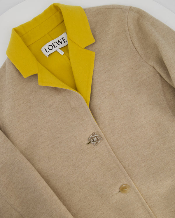 Loewe Beige and Yellow Wool Long Sleeve Coat with Silver Anagram Logo Button Size FR 34 (UK 6)