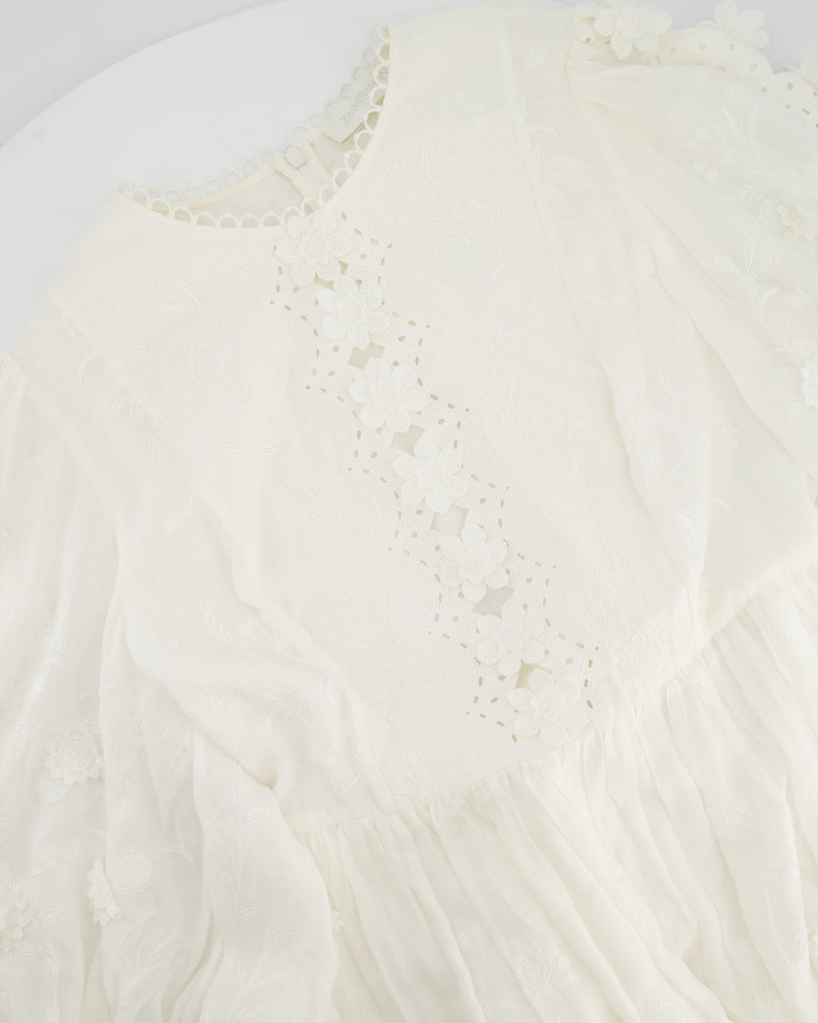 Zimmermann White Rosa Embroidered Long-Sleeve Mini Dress with 3D Flowers Size 4 (UK 16)