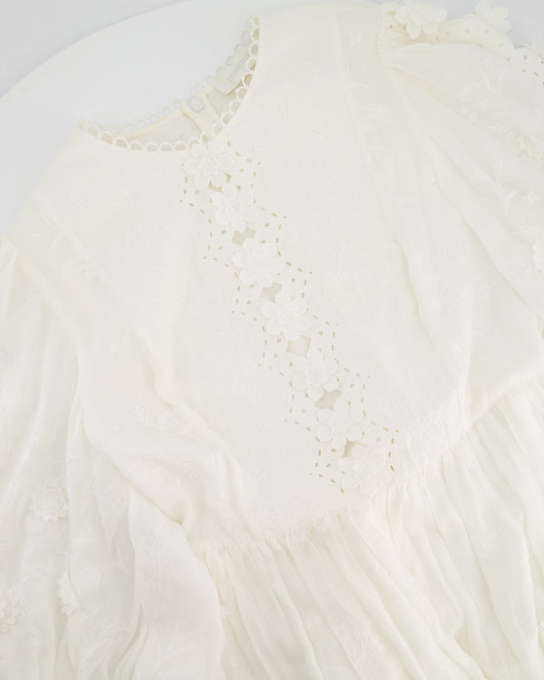Zimmermann White Rosa Embroidered Long-Sleeve Mini Dress with 3D Flowers Size 4 (UK 16)