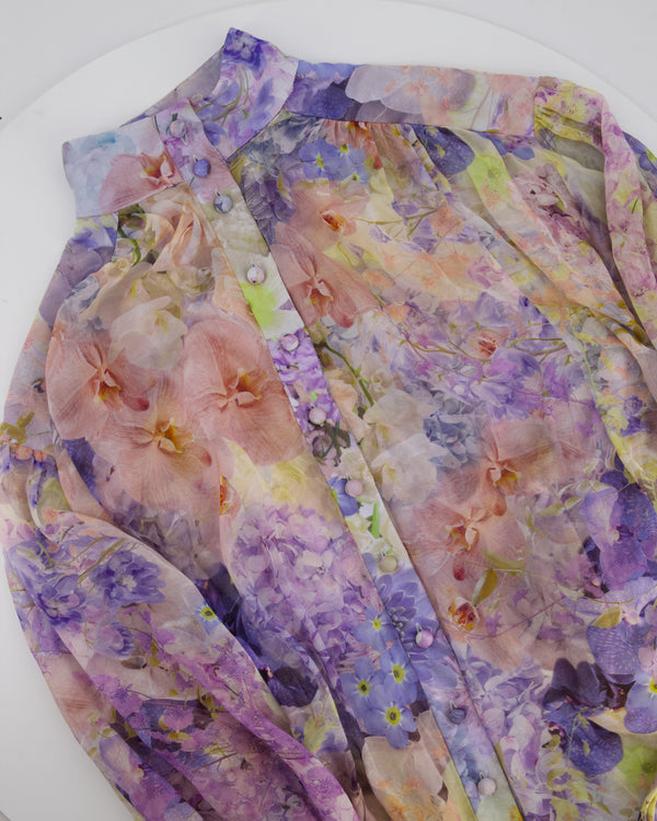 Zimmermann Blue and Pink Floral Print Sheer Rhythmic Lantern Mini Dress with Tie Belt Size 4 (UK 16)