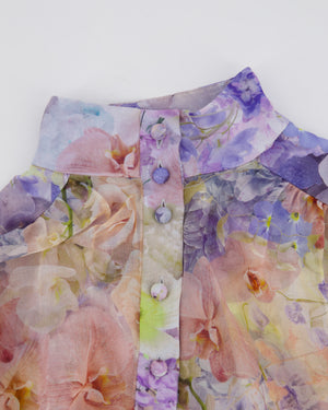Zimmermann Blue and Pink Floral Print Sheer Rhythmic Lantern Mini Dress with Tie Belt Size 4 (UK 16)