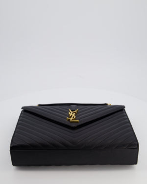 Saint Laurent Black Envelope Shoulder Bag in Grained Calfskin Leather with Gold Hardware