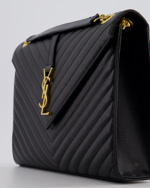 Saint Laurent Black Envelope Shoulder Bag in Grained Calfskin Leather with Gold Hardware