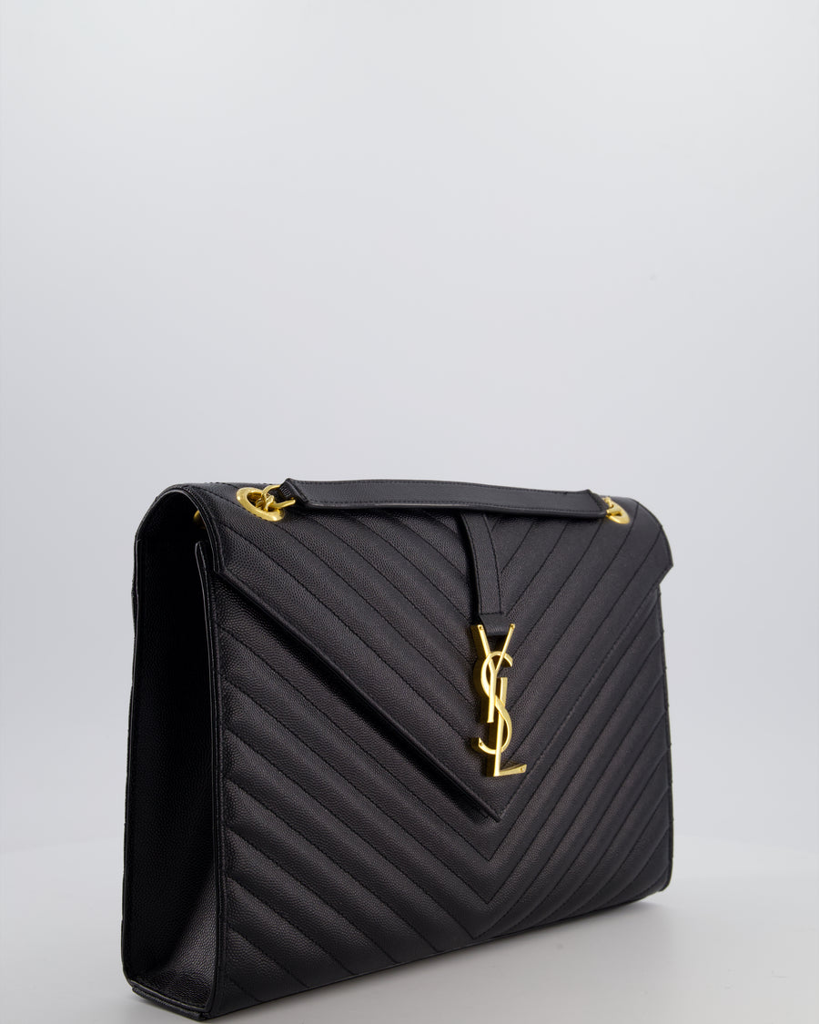 Saint Laurent Black Envelope Shoulder Bag in Grained Calfskin Leather with Gold Hardware