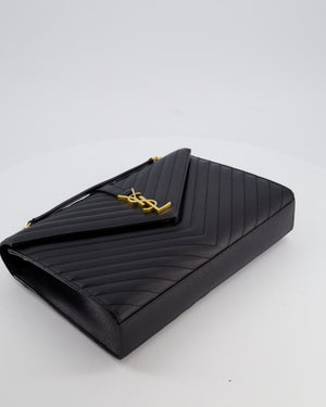 Saint Laurent Black Envelope Shoulder Bag in Grained Calfskin Leather with Gold Hardware