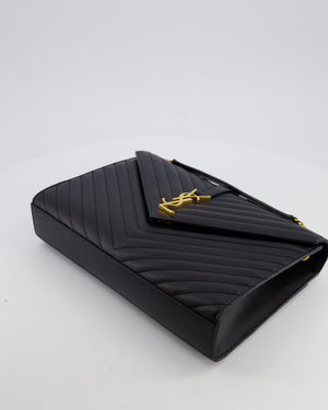 Saint Laurent Black Envelope Shoulder Bag in Grained Calfskin Leather with Gold Hardware