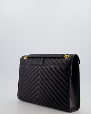 Saint Laurent Black Envelope Shoulder Bag in Grained Calfskin Leather with Gold Hardware