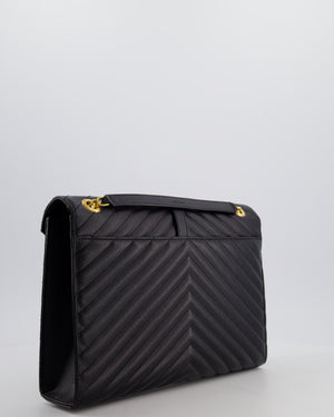 Saint Laurent Black Envelope Shoulder Bag in Grained Calfskin Leather with Gold Hardware