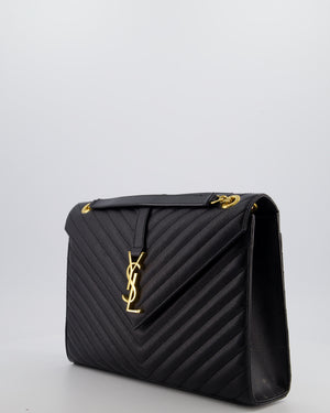 Saint Laurent Black Envelope Shoulder Bag in Grained Calfskin Leather with Gold Hardware