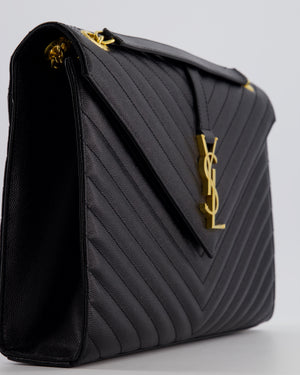 Saint Laurent Black Envelope Shoulder Bag in Grained Calfskin Leather with Gold Hardware