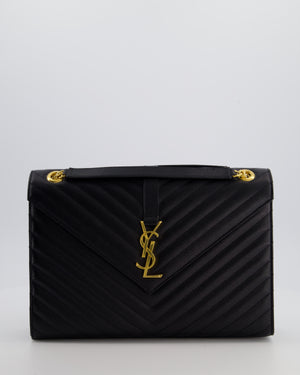 Saint Laurent Black Envelope Shoulder Bag in Grained Calfskin Leather with Gold Hardware
