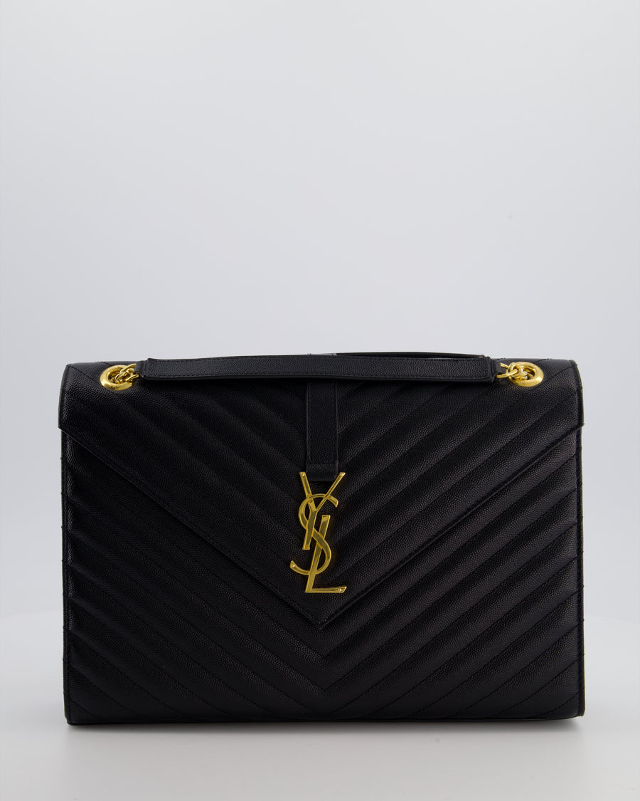 Saint Laurent Black Envelope Shoulder Bag in Grained Calfskin Leather with Gold Hardware