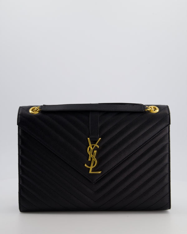 Saint Laurent Black Envelope Shoulder Bag in Grained Calfskin Leather with Gold Hardware