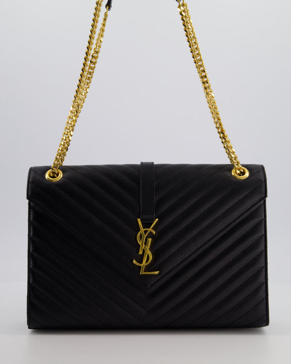 Saint Laurent Black Envelope Shoulder Bag in Grained Calfskin Leather with Gold Hardware