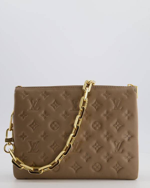Louis Vuitton Beige Coussin PM Bag in Monogram Embossed Calfskin Leather with Gold Chain Strap