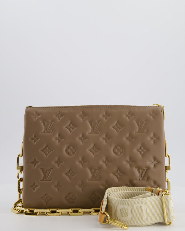 Louis Vuitton Beige Coussin PM Bag in Monogram Embossed Calfskin Leather with Gold Chain Strap