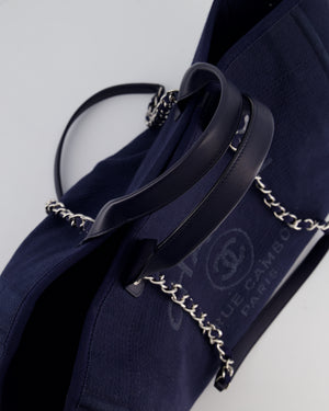 Chanel Navy Canvas Medium Deauville Tote Bag with Lambskin Leather Handles and Silver Hardware