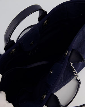 Chanel Navy Canvas Medium Deauville Tote Bag with Lambskin Leather Handles and Silver Hardware