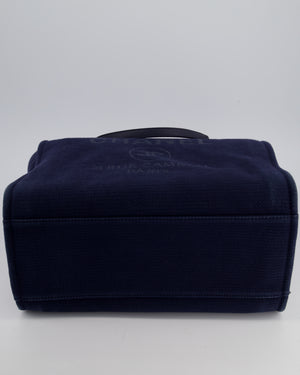 Chanel Navy Canvas Medium Deauville Tote Bag with Lambskin Leather Handles and Silver Hardware