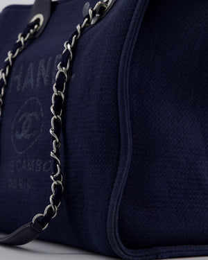 Chanel Navy Canvas Medium Deauville Tote Bag with Lambskin Leather Handles and Silver Hardware