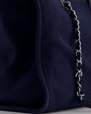 Chanel Navy Canvas Medium Deauville Tote Bag with Lambskin Leather Handles and Silver Hardware