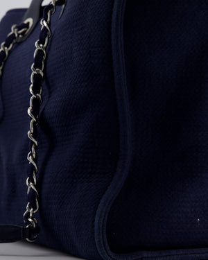 Chanel Navy Canvas Medium Deauville Tote Bag with Lambskin Leather Handles and Silver Hardware