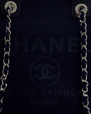 Chanel Navy Canvas Medium Deauville Tote Bag with Lambskin Leather Handles and Silver Hardware
