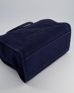 Chanel Navy Canvas Medium Deauville Tote Bag with Lambskin Leather Handles and Silver Hardware