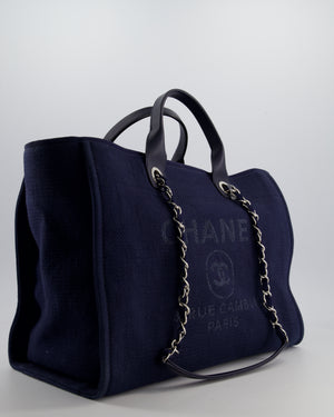 Chanel Navy Canvas Medium Deauville Tote Bag with Lambskin Leather Handles and Silver Hardware