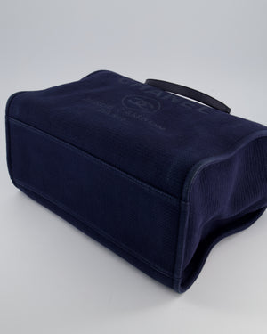 Chanel Navy Canvas Medium Deauville Tote Bag with Lambskin Leather Handles and Silver Hardware