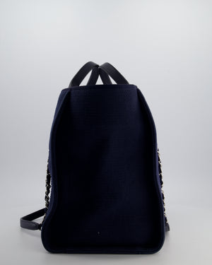 Chanel Navy Canvas Medium Deauville Tote Bag with Lambskin Leather Handles and Silver Hardware