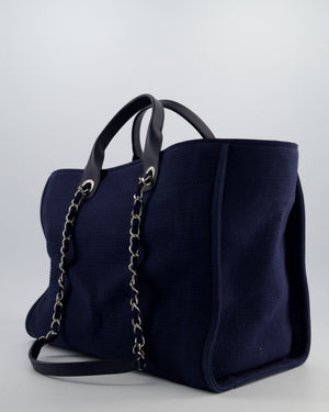 Chanel Navy Canvas Medium Deauville Tote Bag with Lambskin Leather Handles and Silver Hardware