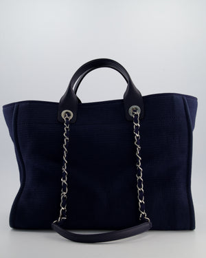 Chanel Navy Canvas Medium Deauville Tote Bag with Lambskin Leather Handles and Silver Hardware